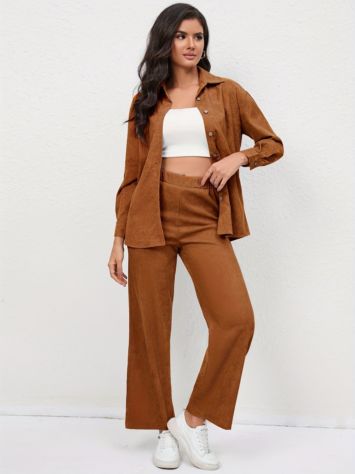 Chemise décontractée et pantalon en velours côtelé à manches longues et taille haute élastique