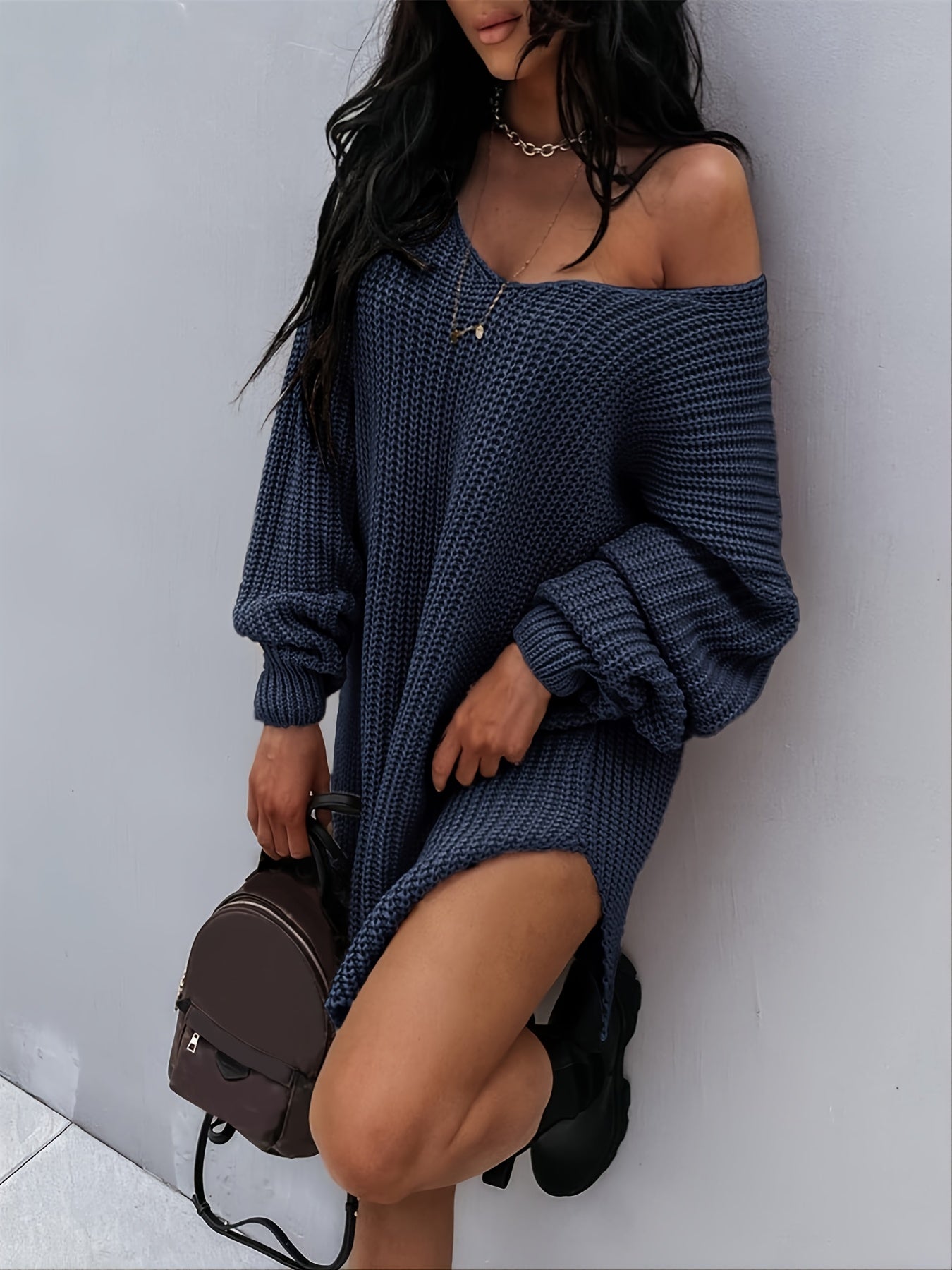 Pull en maille à col V et manches lanterne