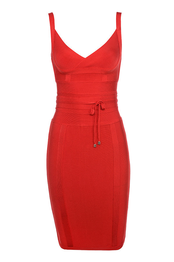 Robe bandage rouge avec lien à la taille