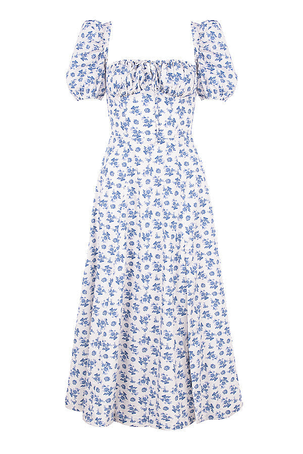 Robe d'été midi à manches bouffantes fleuries