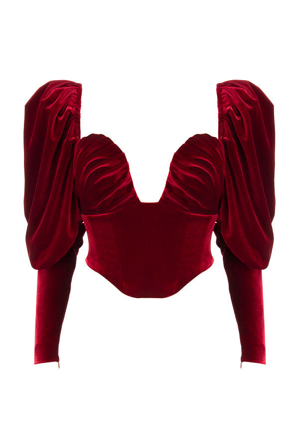 Corset en velours bordeaux à manches longues