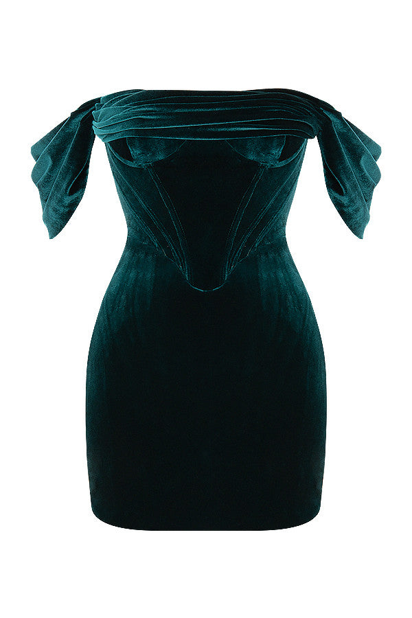 Mini-robe vert émeraude à épaules dénudées