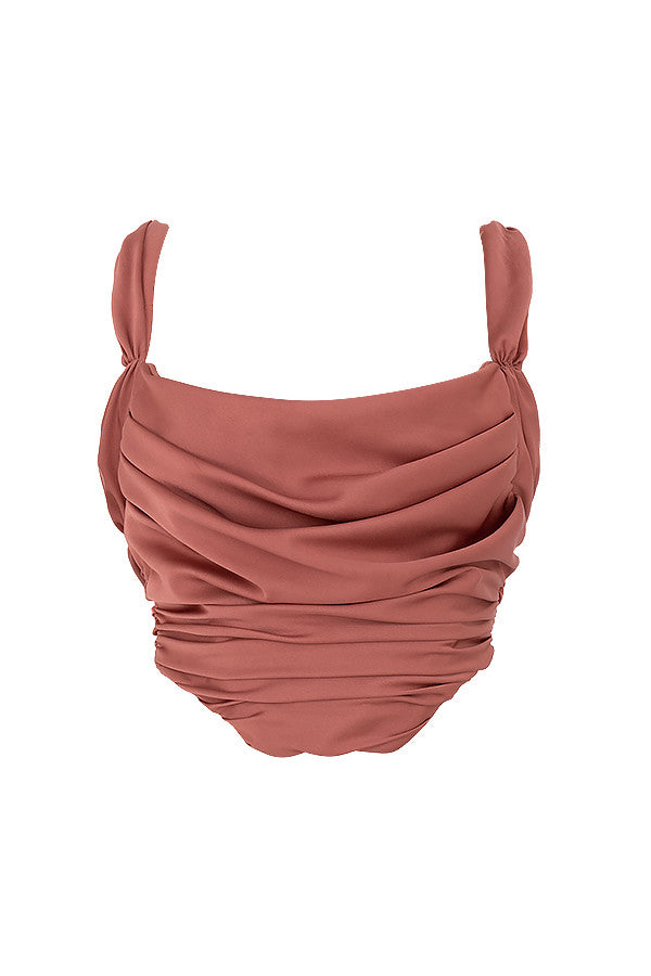 Corset drapé en satin rose avec décolleté drapé