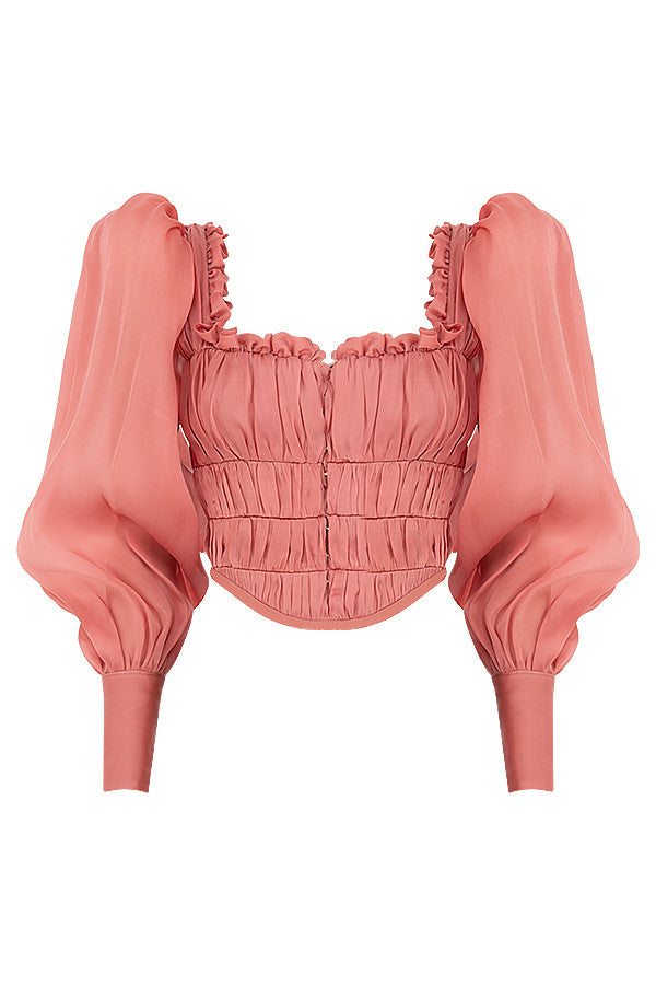 Corset en organza rouge à volants