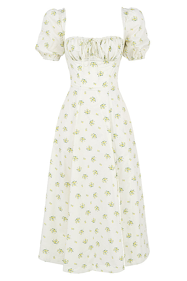 Robe d'été midi à manches bouffantes fleuries