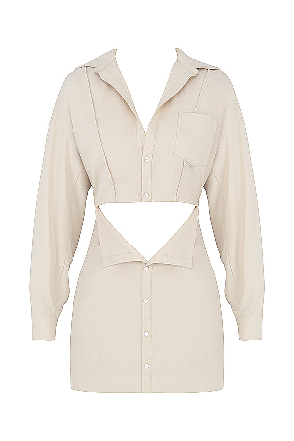 Robe chemise en lin beige à découpe