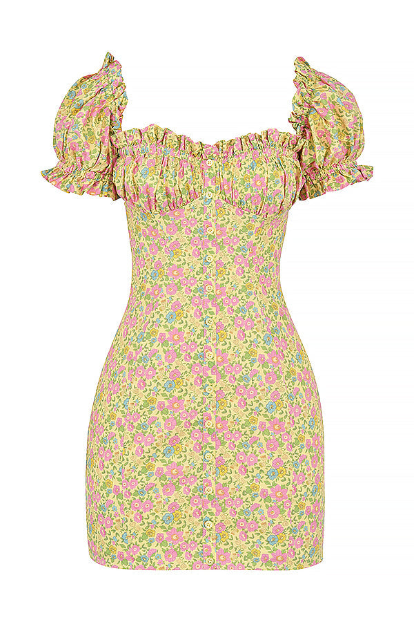 Mini-robe vintage à manches bouffantes fleuries