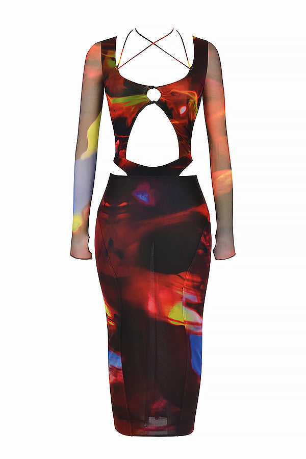 Robe midi imprimée à découpes