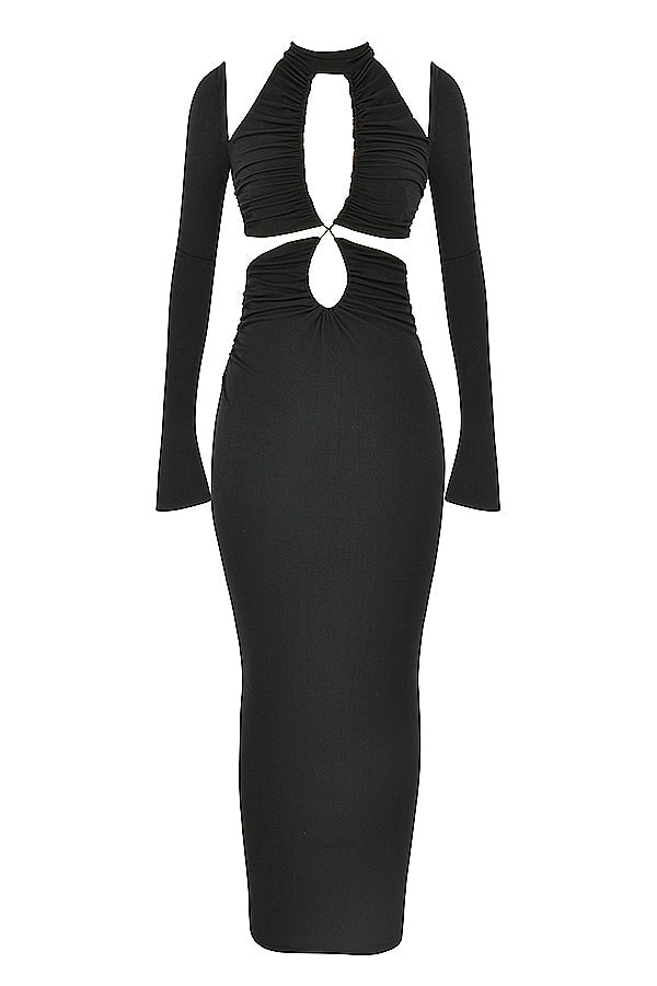 Robe longue en jersey noir avec découpe