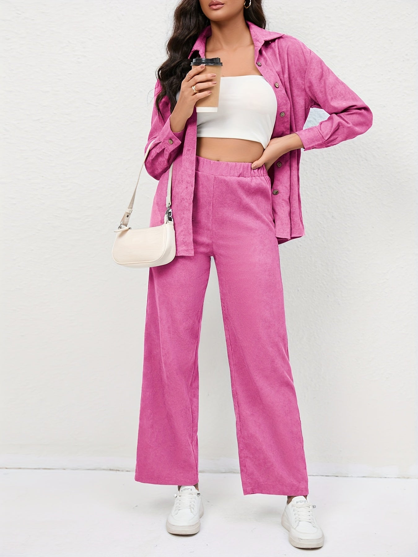 Chemise décontractée et pantalon en velours côtelé à manches longues et taille haute élastique
