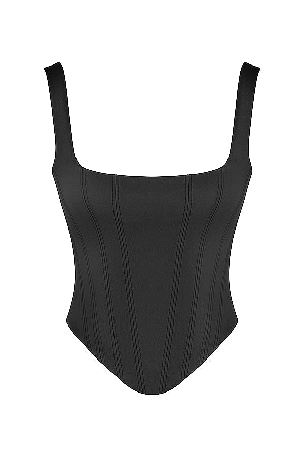 Corset long en satin noir avec pantalon cargo droit