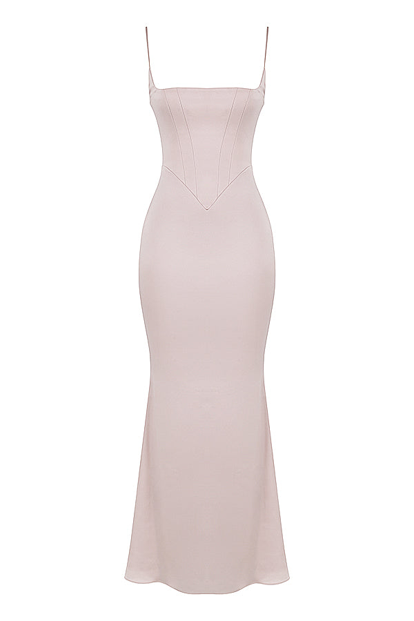 Robe longue pervenche avec corset en satin