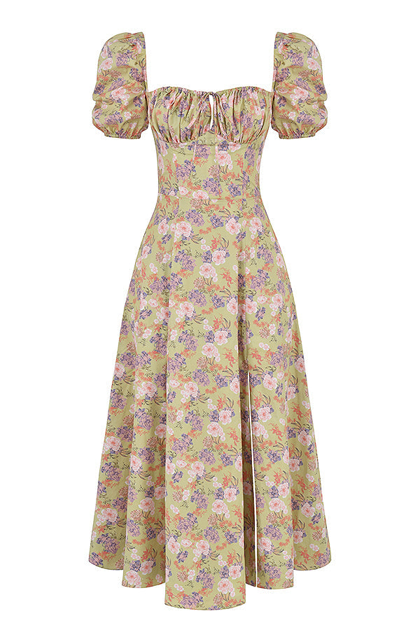 Robe d'été midi à manches bouffantes fleuries