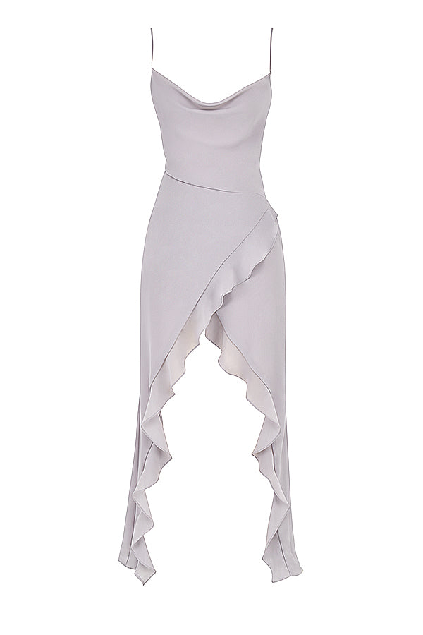 Corset sous la poitrine en satin gris avec robe longue fluide