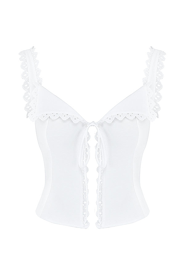 Haut en dentelle blanche avec mini-jupe trapàze en lin