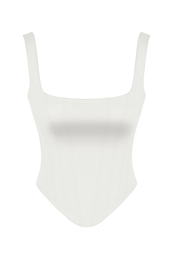 Long corset en satin ivoire avec jupe midi coupée en diagonale