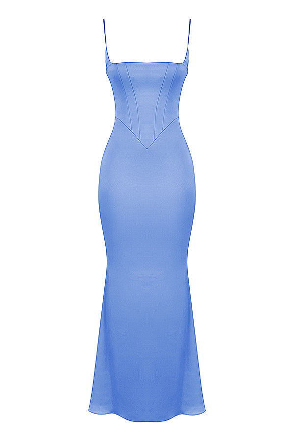 Robe longue pervenche avec corset en satin
