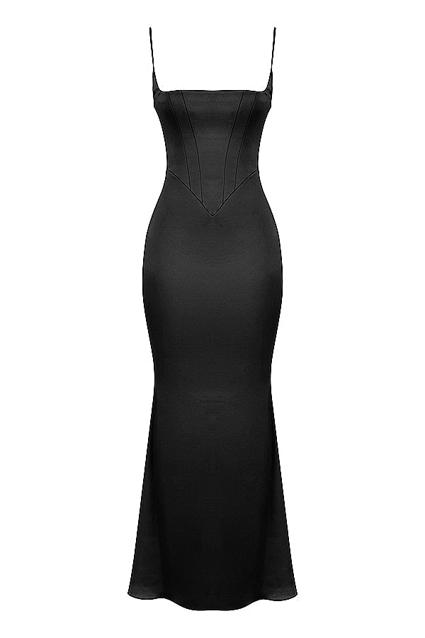Robe longue pervenche avec corset en satin