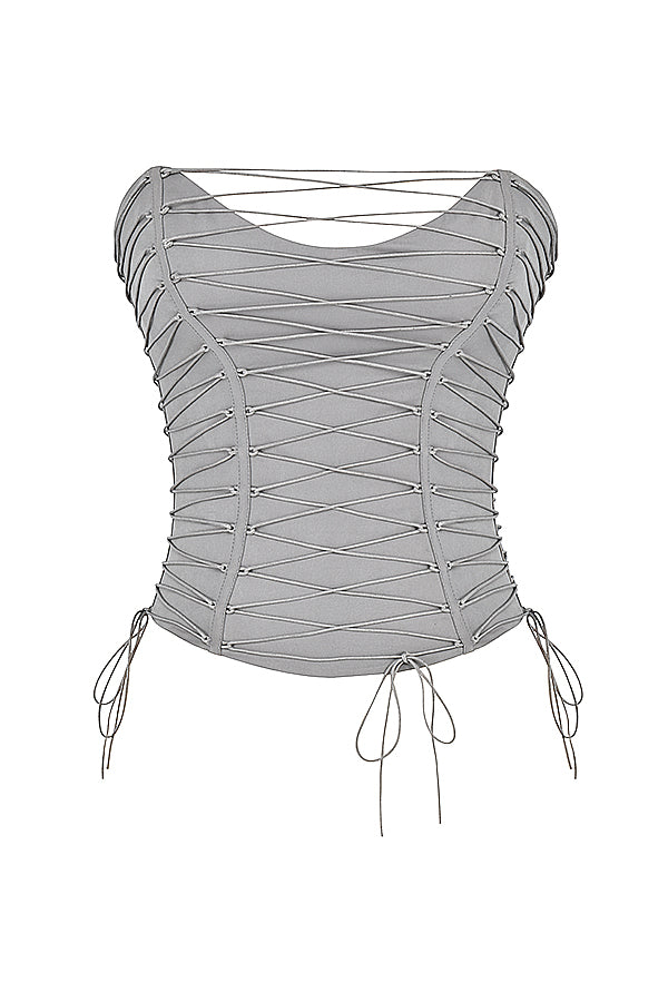 Corset à lacets fumé avec pantalon à lacets en cuir végétalien moka