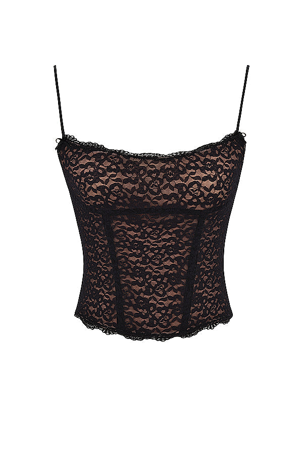 Corset en dentelle noire avec jupe midi en satin