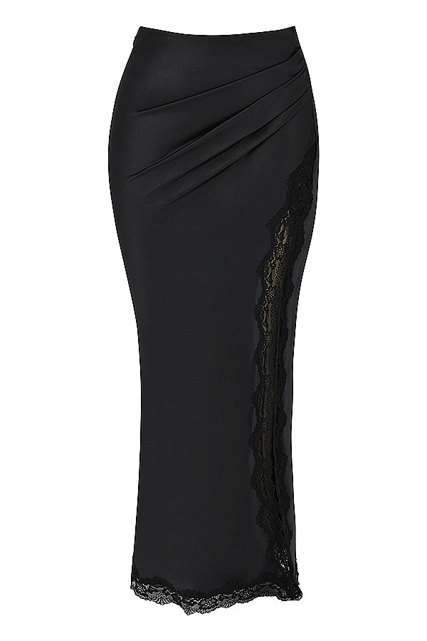 Corset en dentelle noire avec jupe midi en satin