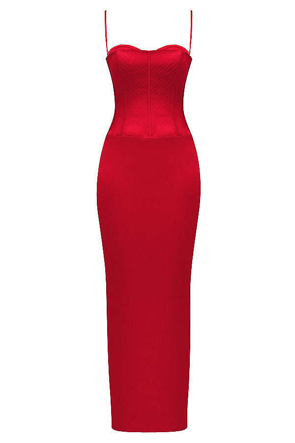 Robe longue corset en satin rouge