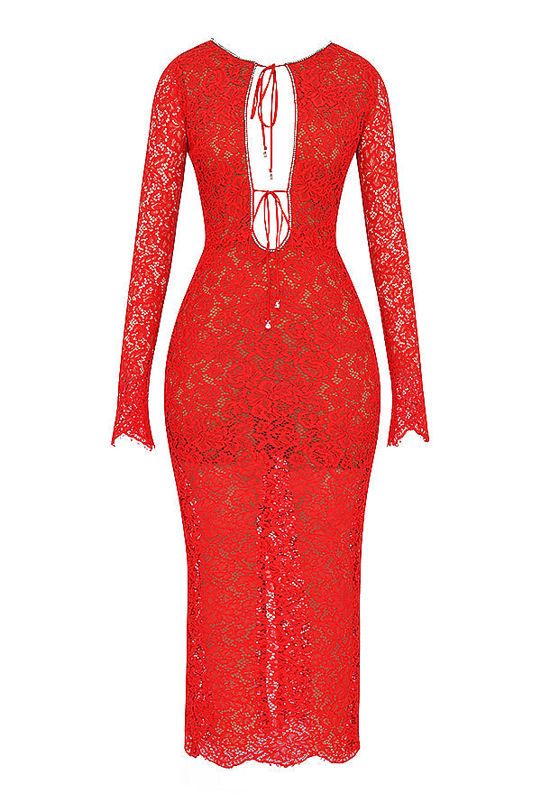 Robe longue en dentelle rouge
