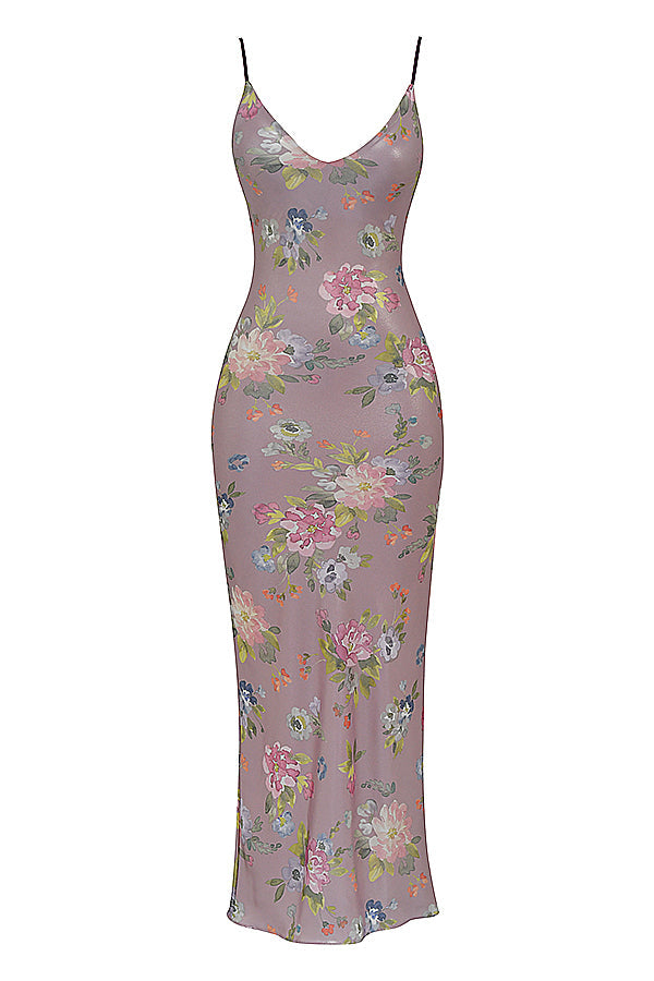 Robe longue mauve à fleurs