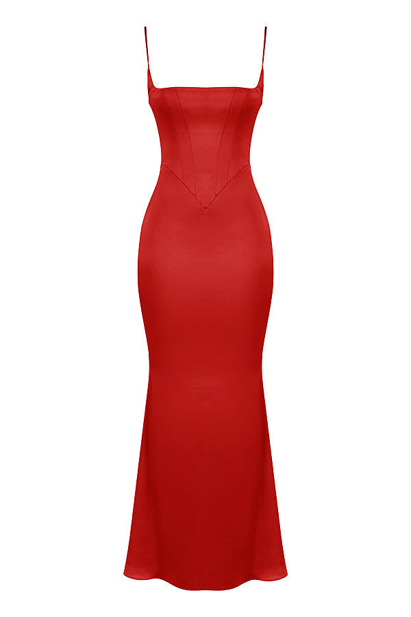 Robe longue pervenche avec corset en satin