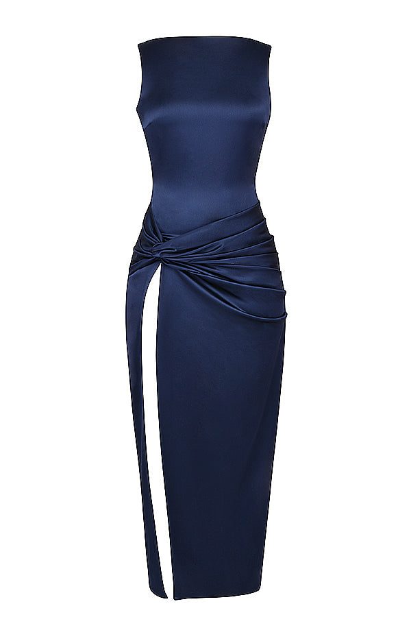 Robe longue bleu marine avec fente sur la cuisse