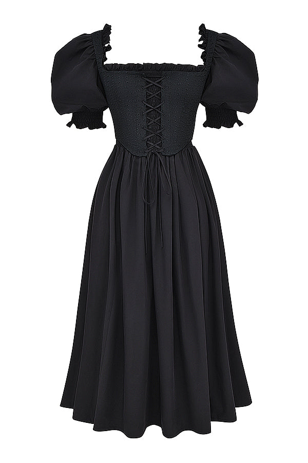 Robe d'été midi noire à manches bouffantes