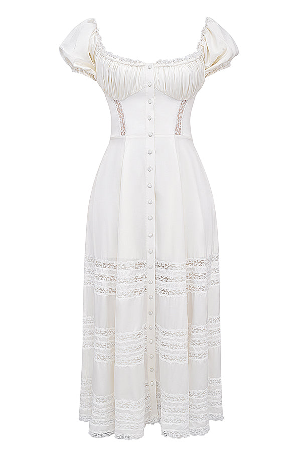 Robe de couleur ivoire en soie véritable avec manches bouffantes