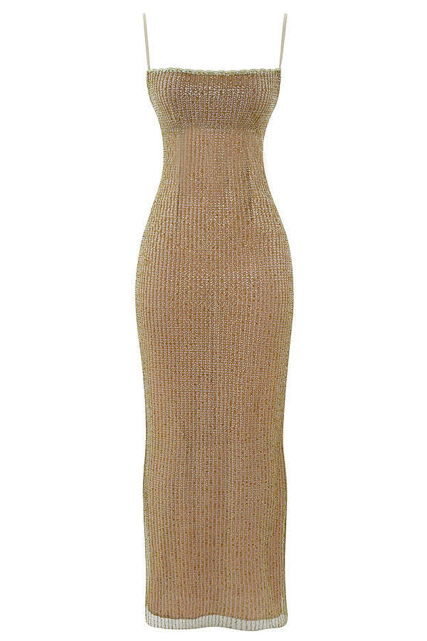 Robe longue avec perles café au lait