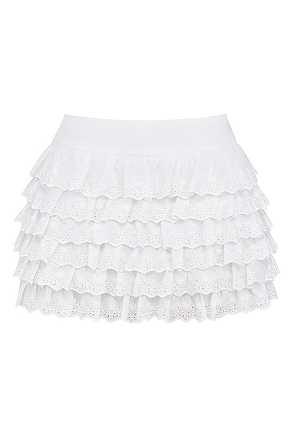 Corset en broderie anglaise blanche avec mini-jupe superposée