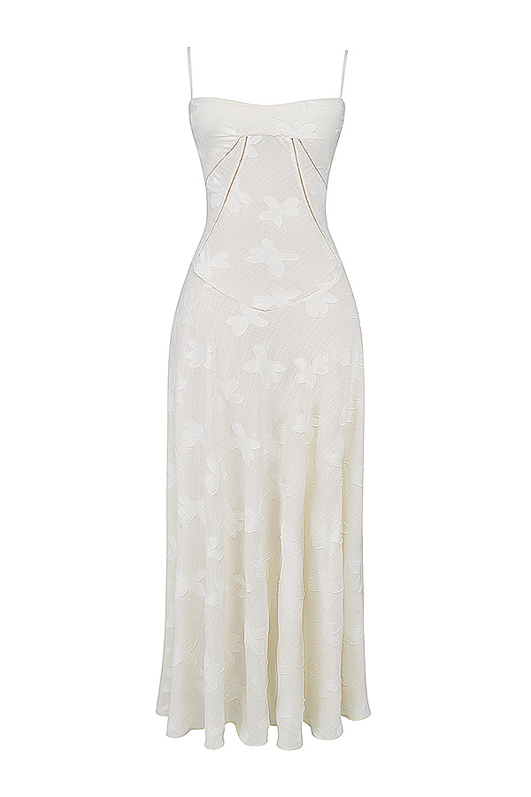Robe longue vintage de couleur cràme avec dos en dentelle