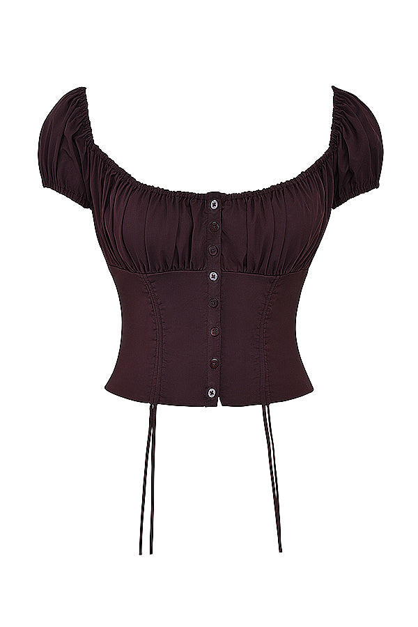 Top à volants en marron foncé et jupe midi à volants