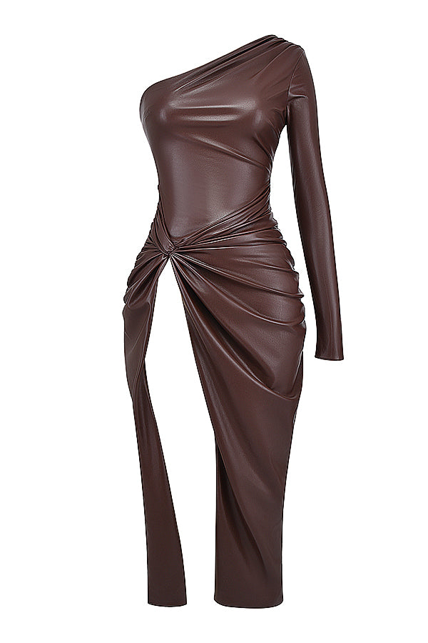 Robe longue en cuir vegan cacao