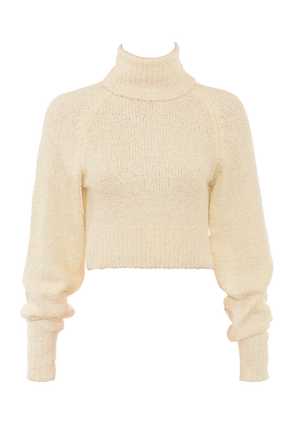Pull court en maille bouclée douce de couleur cràme avec jupe midi