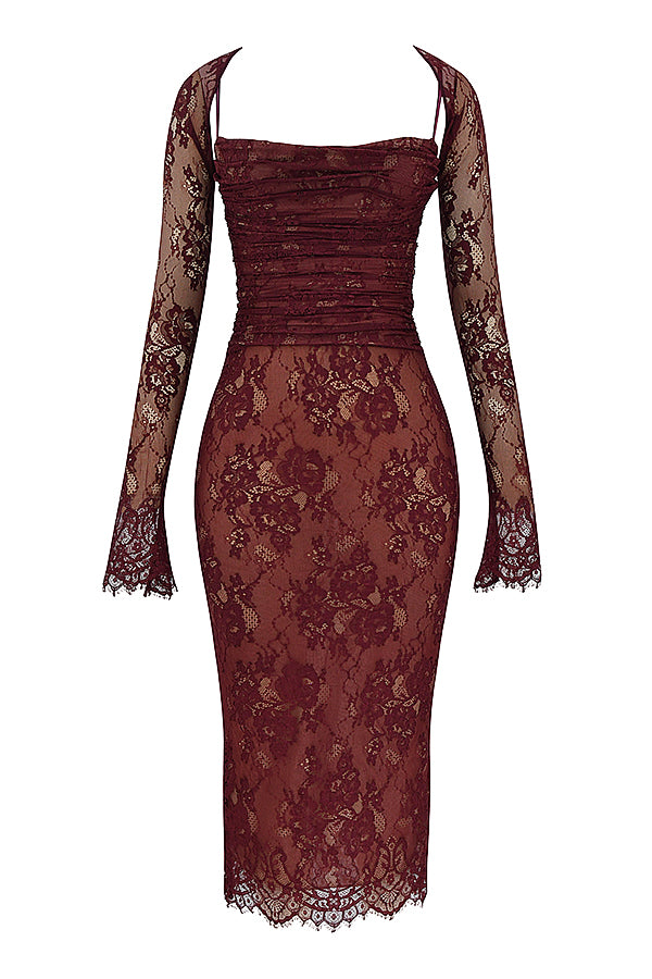 Robe midi en dentelle rouge bordeaux