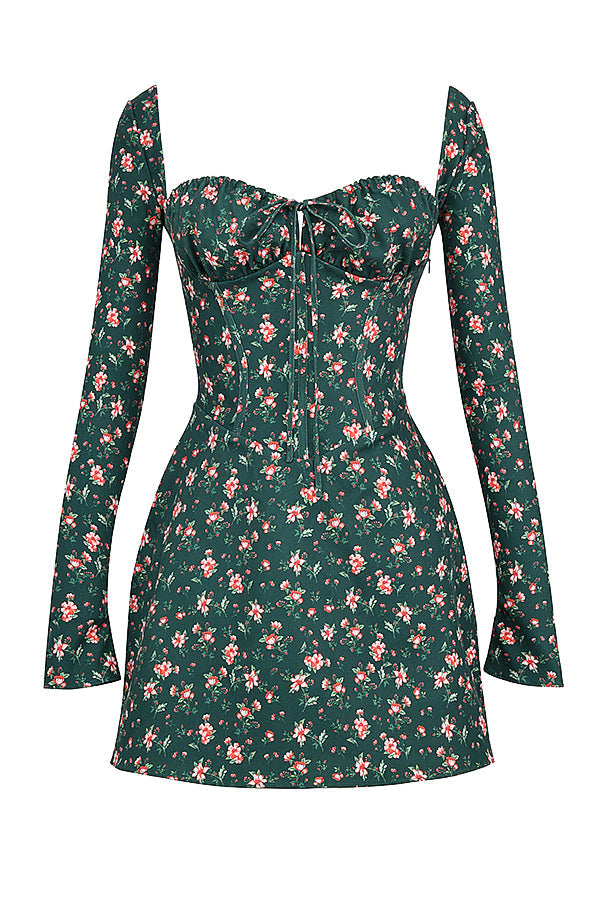 Mini-robe corset à fleurs verte