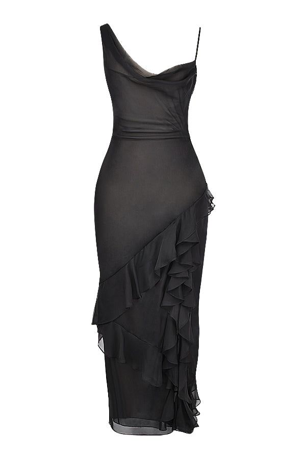 Robe longue noire à volants