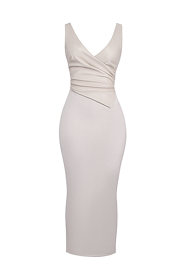 Robe longue en cuir vegan écru