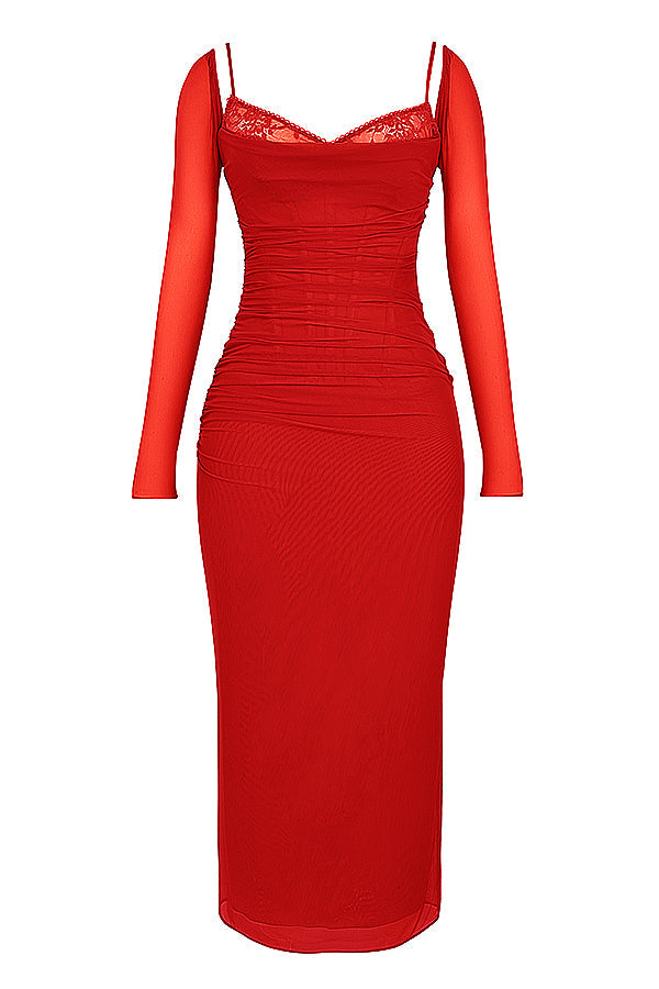 Robe longue rouge foncé à manches longues