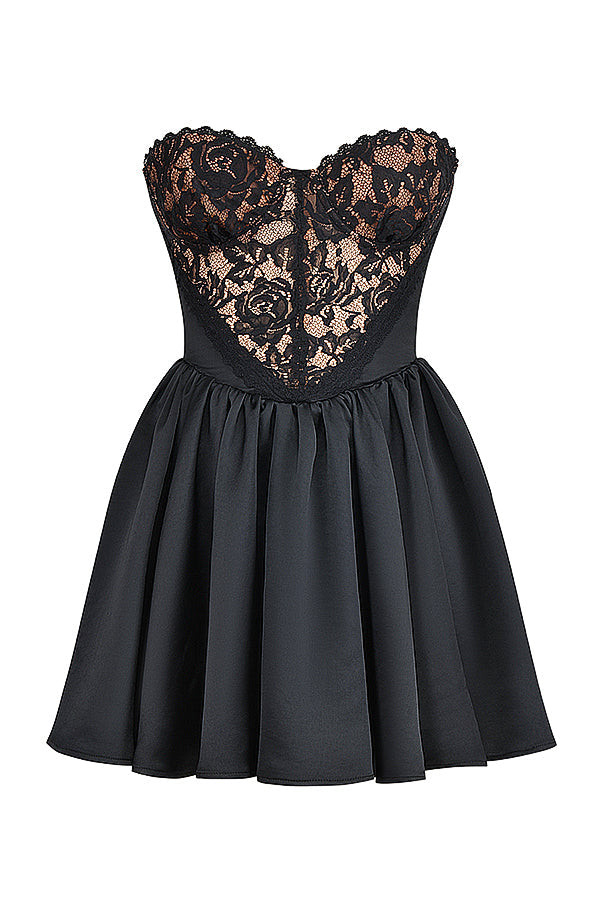 Mini-robe bustier noire en dentelle et satin