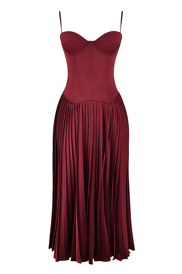 Robe midi plissée en satin bordeaux