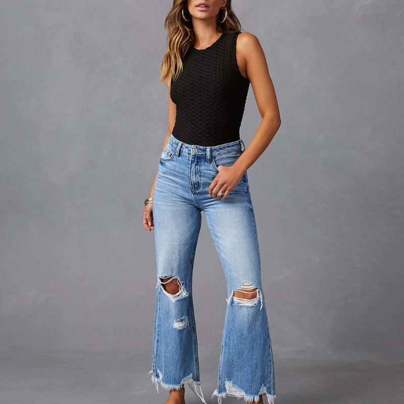 Jean taille haute avec trous pour femme
