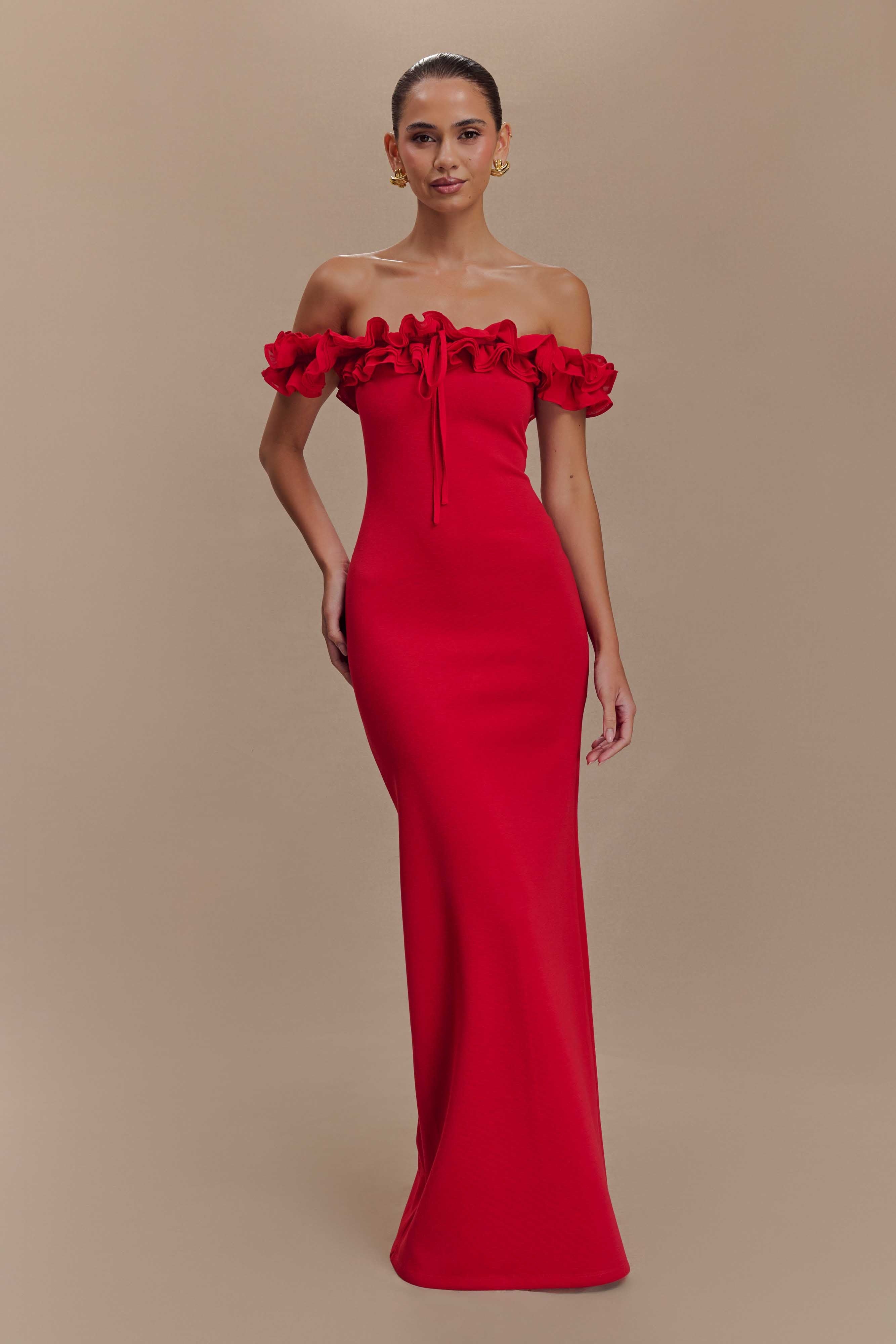 Robe Longue Rouge à Volants et Epaules Dénudées