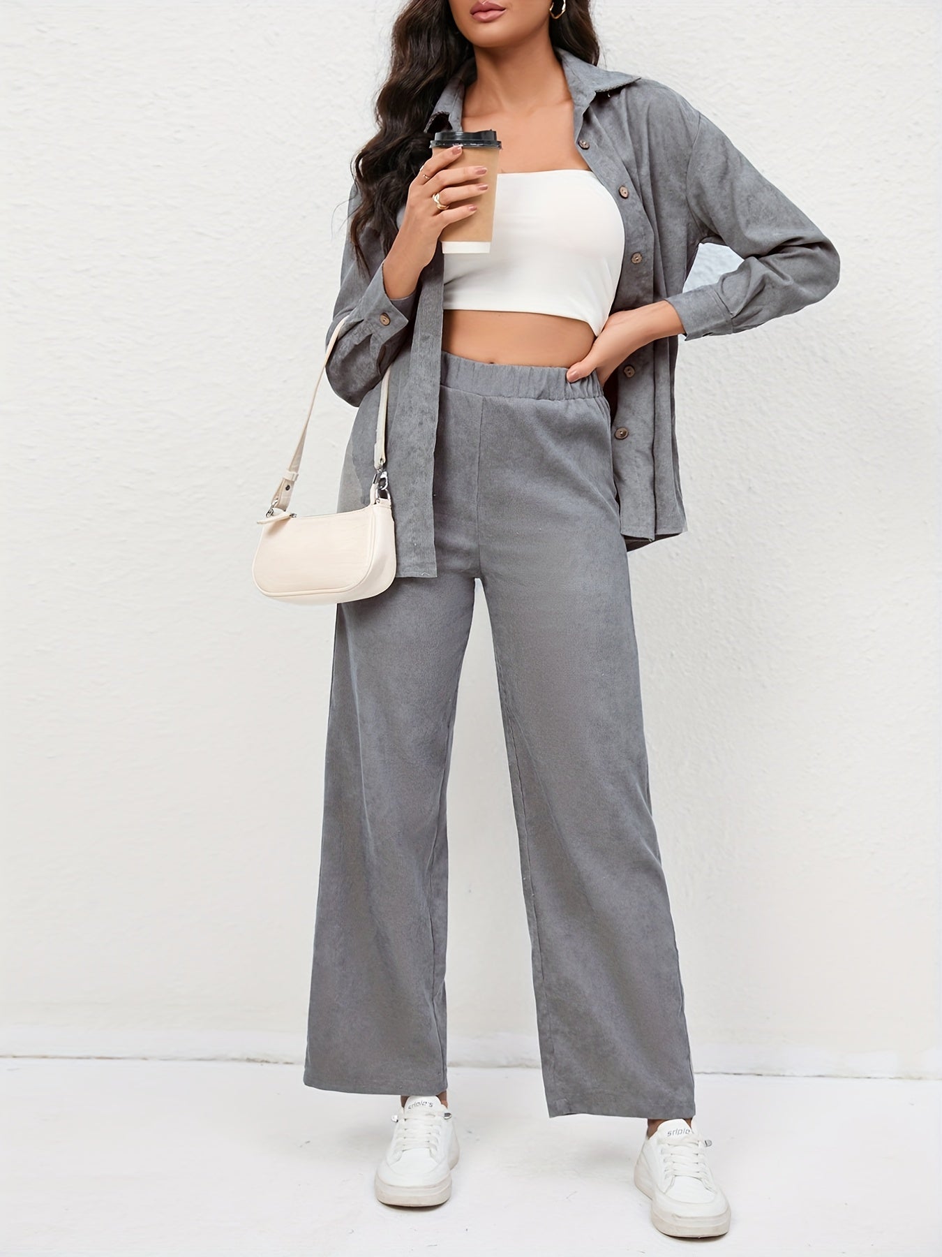 Chemise décontractée et pantalon en velours côtelé à manches longues et taille haute élastique