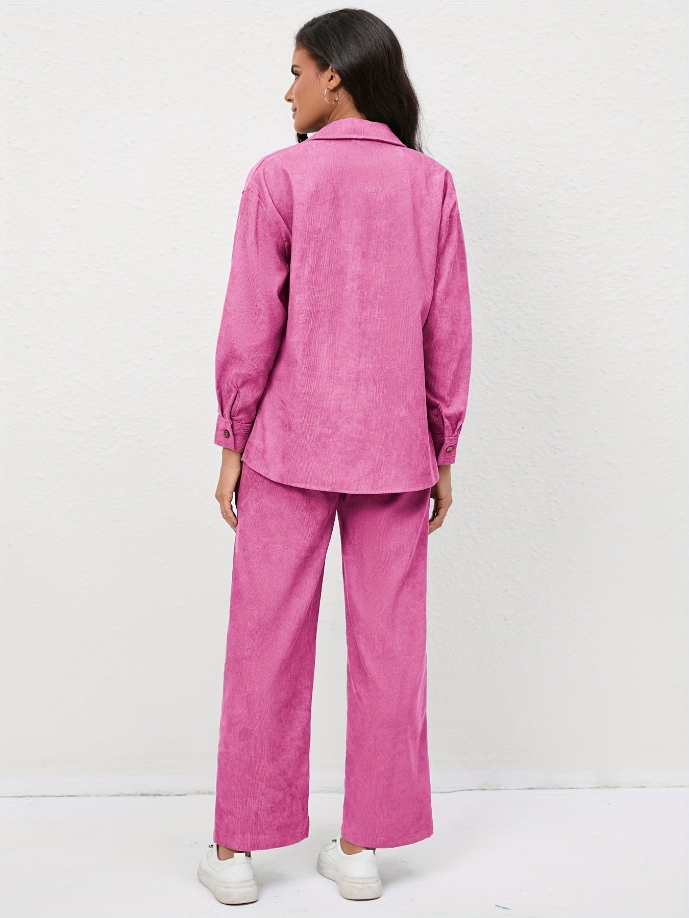 Chemise décontractée et pantalon en velours côtelé à manches longues et taille haute élastique