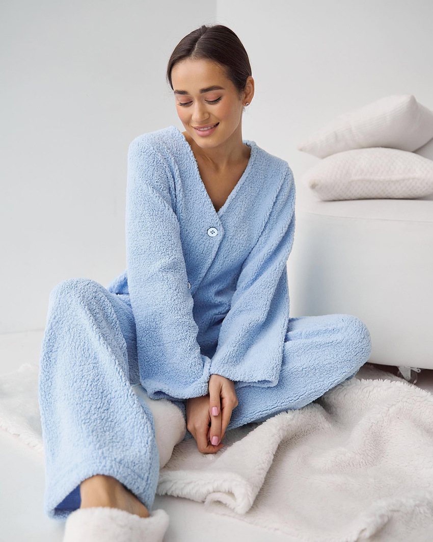 Pyjama en laine bleu manches longues pour femme